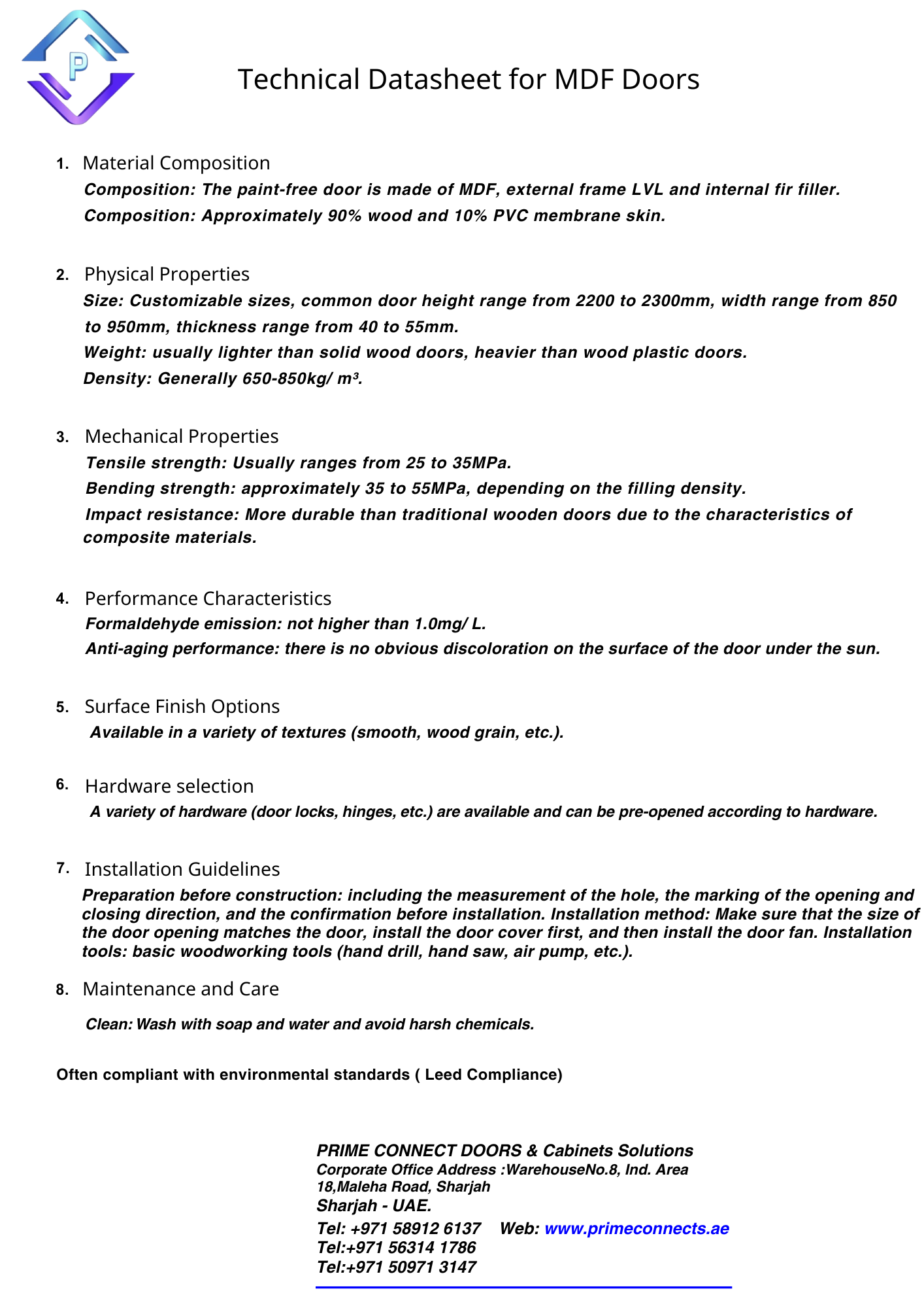 Technical Data Sheet for MDF Doors